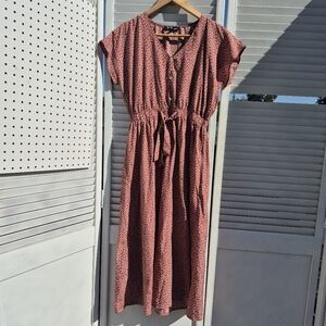 Burnt Red Floral Button-Down Dress Modest Cottagecore Garden Womens Size M